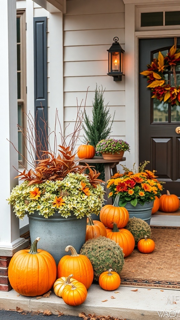 25+ Inspiring Front Porch Planters You’ll Love A front porch decorated with seasonal planters, featuring pumpkins and colorful flowers for autumn.
