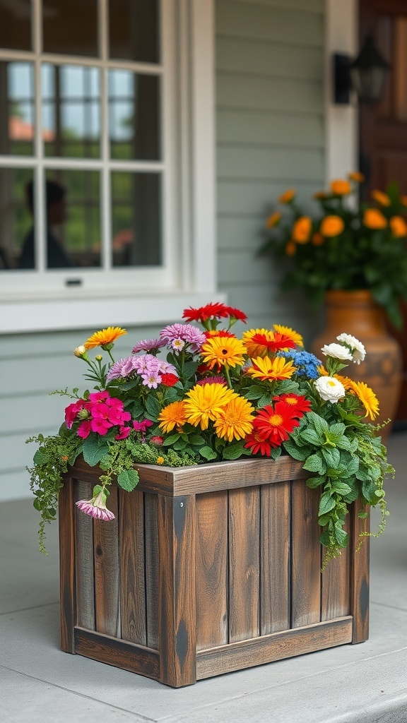 25+ Inspiring Front Porch Planters You’ll Love A rustic wooden planter filled with colorful flowers on a front porch.