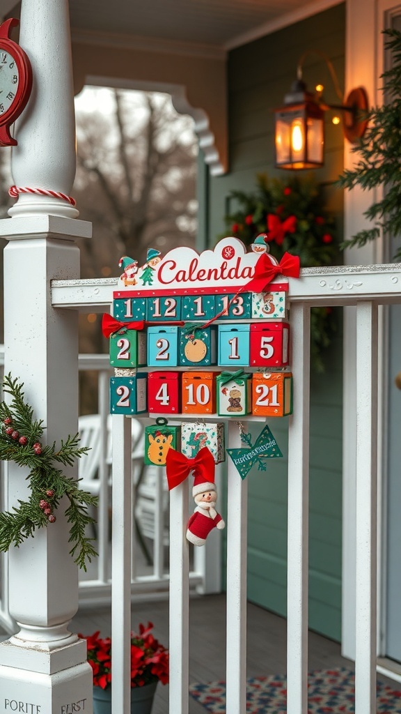 Colorful advent calendar display on a porch with festive decorations