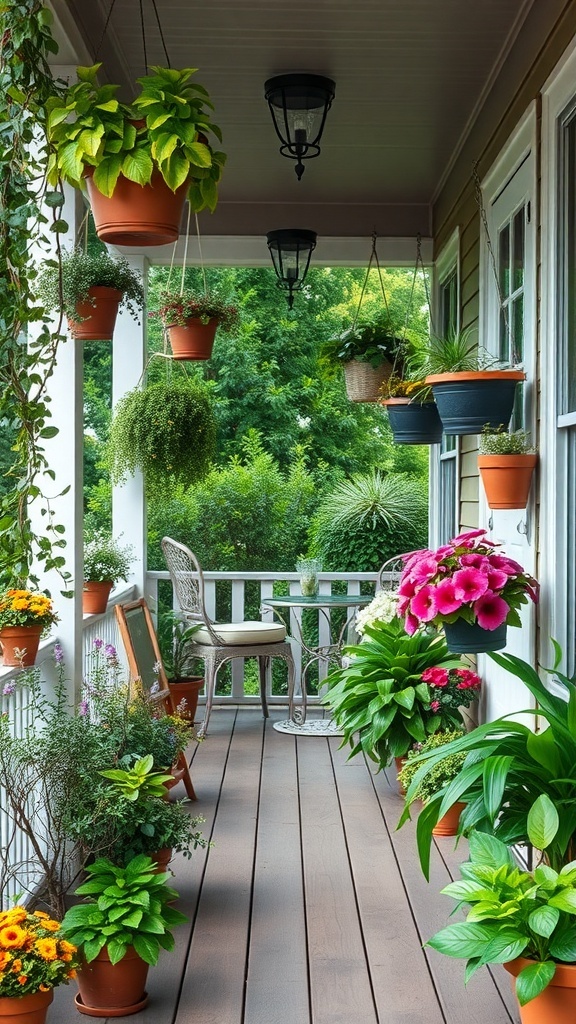 A beautiful back porch filled with hanging plants and colorful flowers in pots, with a cozy seating area.