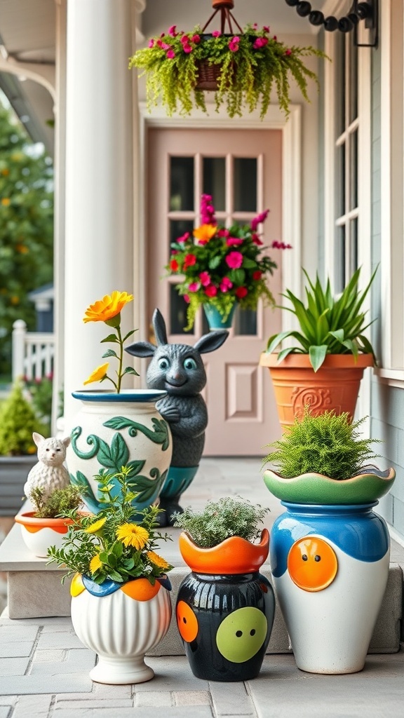 25+ Inspiring Front Porch Planters You’ll Love Colorful ceramic planters on a front porch with flowers and a decorative bunny statue.