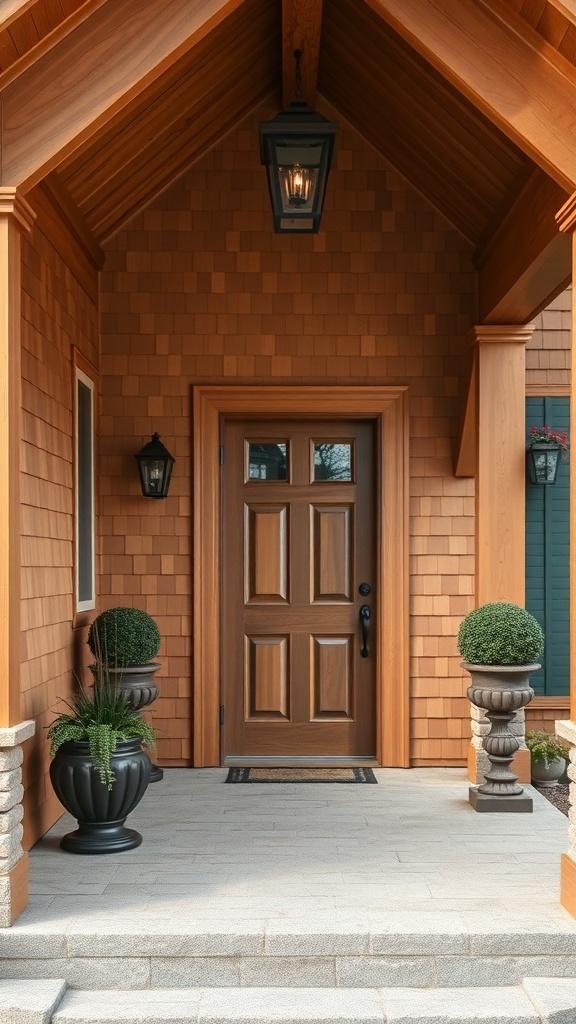 A porch entrance featuring cedar shingle siding, a wooden door, and decorative planters.