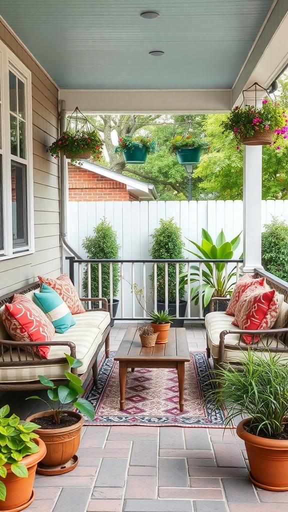 Cozy seating arrangement on a back porch with potted plants and colorful cushions.