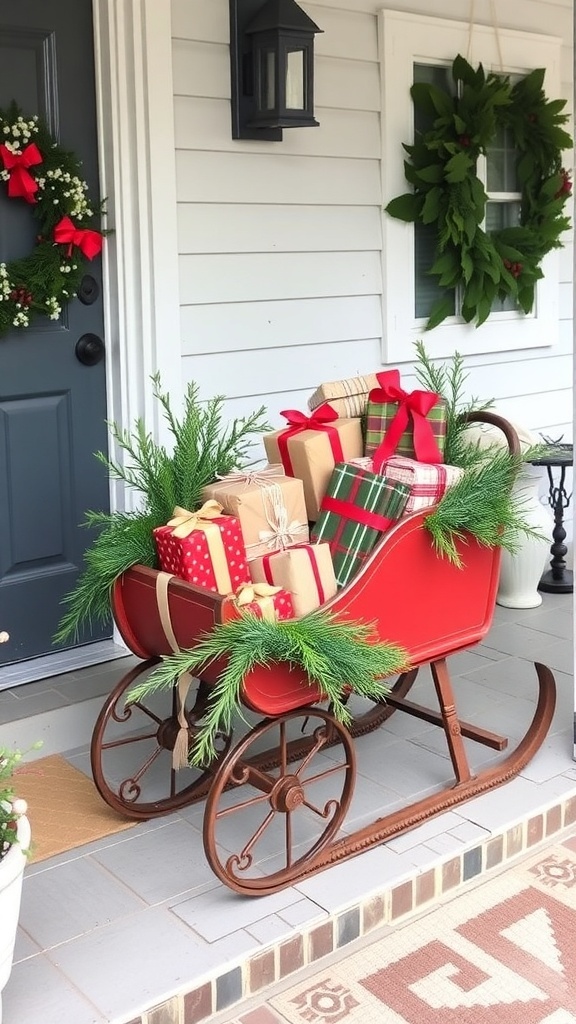 A vintage red sleigh filled with gifts and greenery on a decorated front porch.