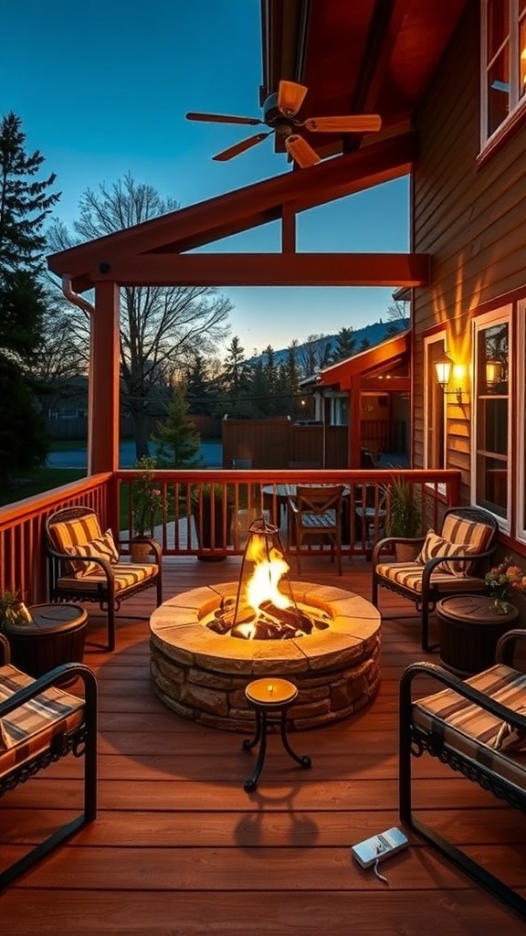 A cozy back porch with a fire pit surrounded by comfortable seating, perfect for evening gatherings.