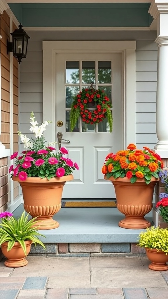25+ Inspiring Front Porch Planters You’ll Love Front porch with terracotta planters filled with colorful flowers