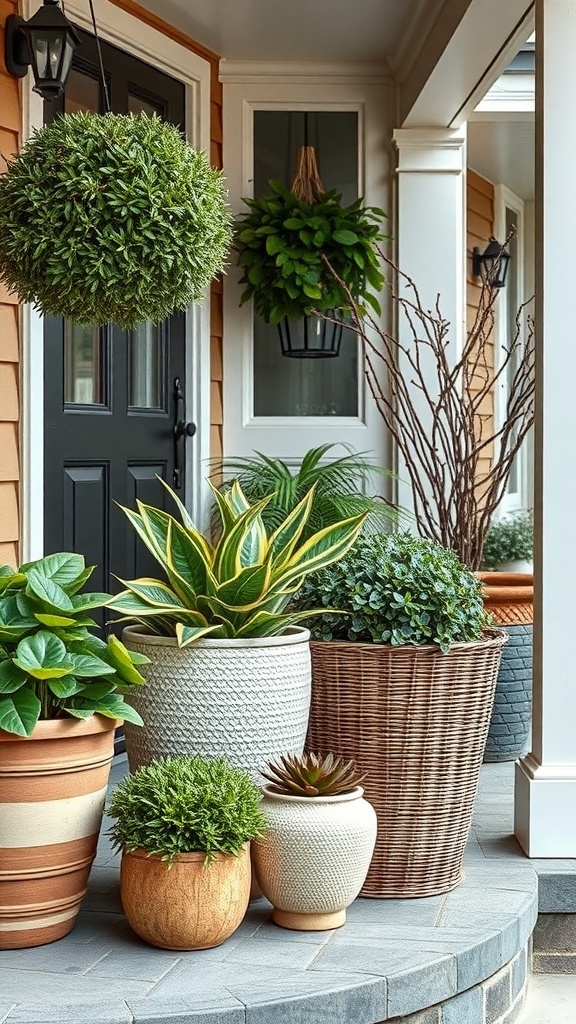 A variety of textured planters with different plants on a front porch.