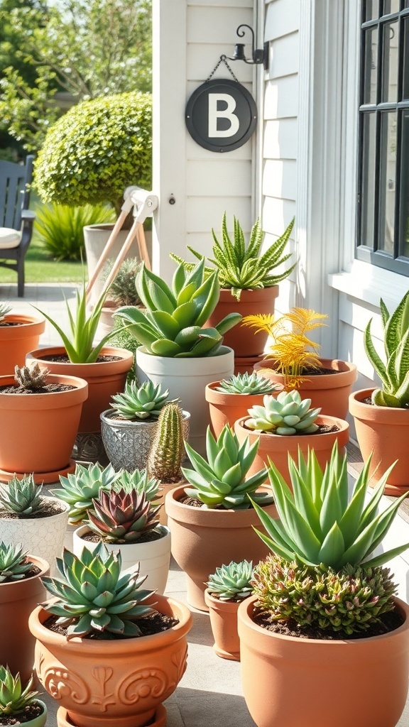 25+ Inspiring Front Porch Planters You’ll Love A variety of succulent planters in terracotta pots on a front porch.