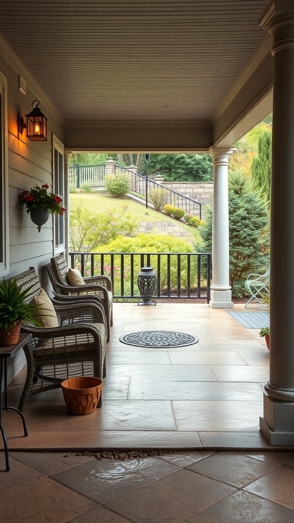A serene back porch with comfortable seating and a view of a landscaped garden.