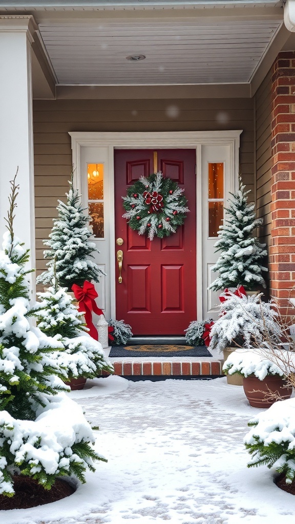 A front porch decorated for Christmas with artificial snow, a red door, and evergreen trees with red bows.
