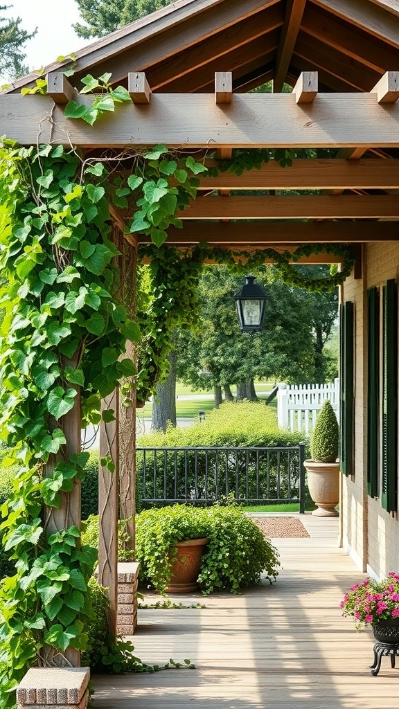 A wooden pergola covered with climbing vines, providing shade and a natural aesthetic to a porch.