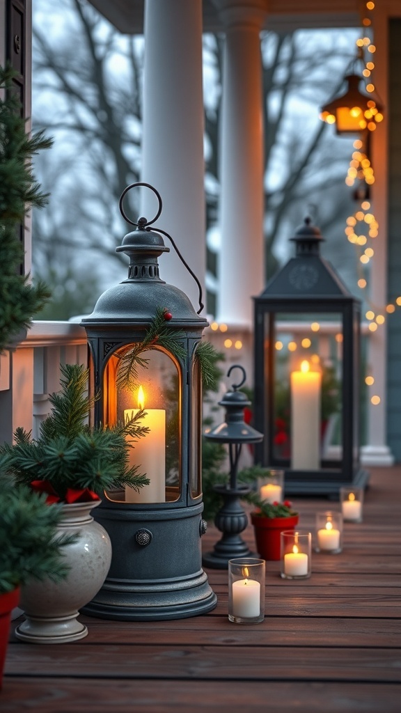 Charming lanterns with candles and seasonal greenery on a front porch