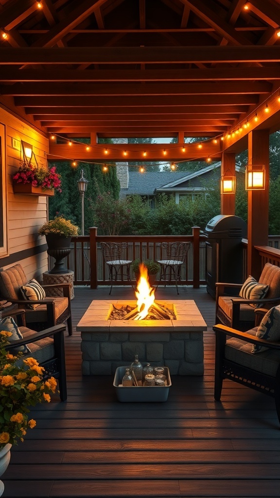 Cozy backyard porch with a fire pit, comfortable seating, and string lights.