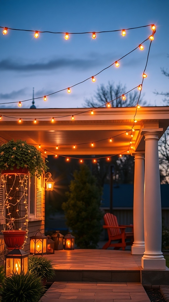 A beautifully lit front porch with string lights and lanterns, creating a warm and inviting atmosphere.