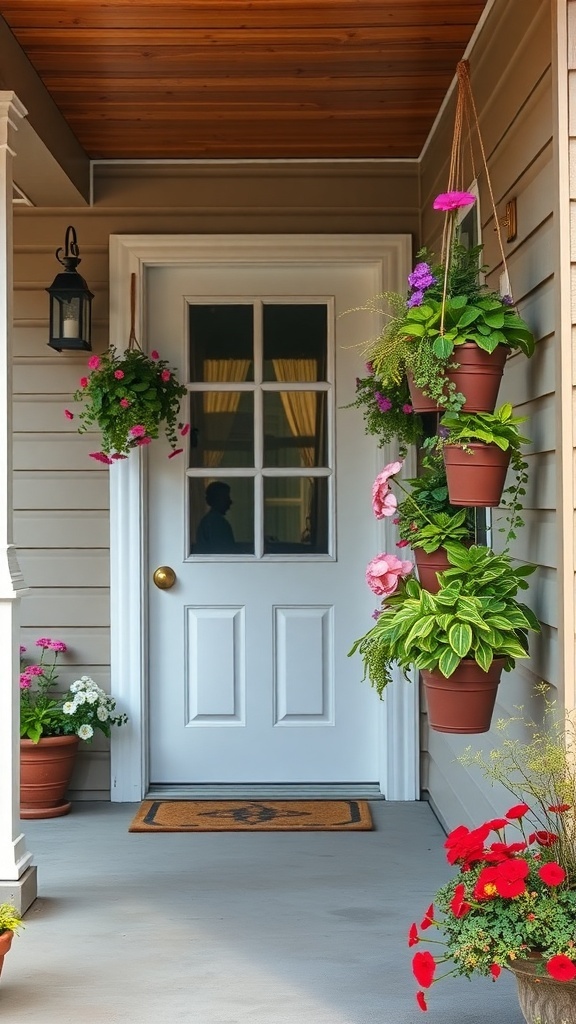 A front porch with hanging vertical planters filled with colorful flowers and greenery.
