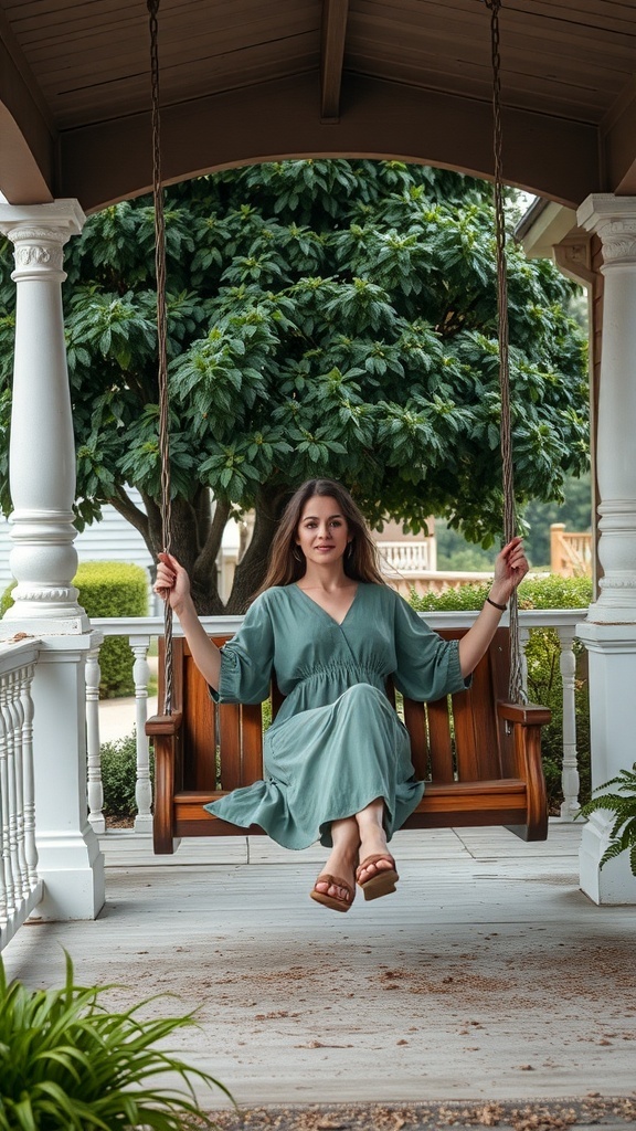 27+ Cozy Porch Swing Ideas to Enhance Your Outdoor Space A woman sitting on a porch swing, surrounded by greenery, enjoying a moment of relaxation.