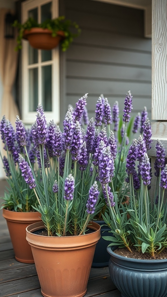 Potted lavender plants on a porch, showcasing vibrant purple flowers.