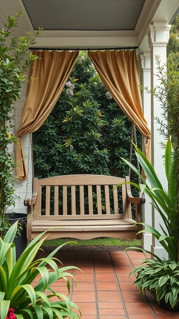 27+ Cozy Porch Swing Ideas to Enhance Your Outdoor Space A cozy porch swing surrounded by greenery and soft curtains for privacy.