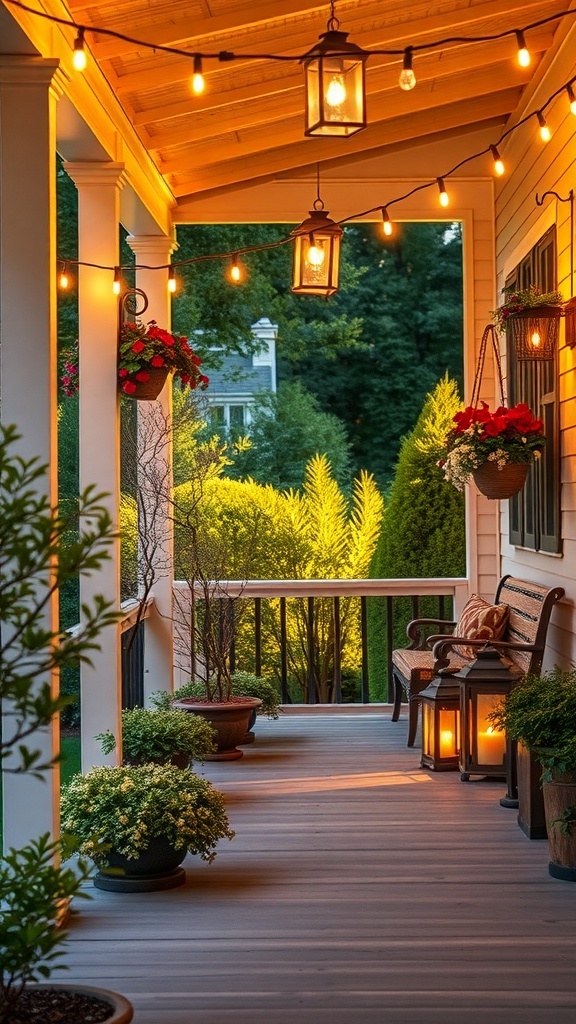 A cozy porch with warm lighting, featuring hanging lights and lanterns, surrounded by plants.