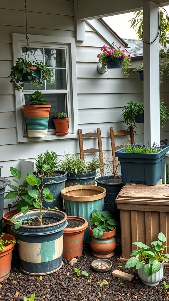 A colorful porch garden with various potted plants and a cozy atmosphere.