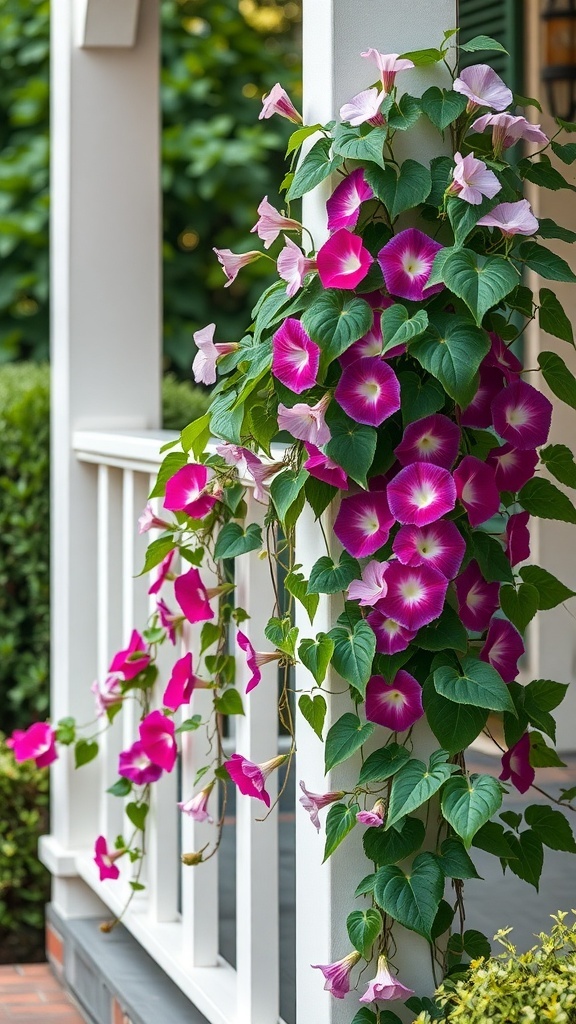 Vibrant morning glory flowers climbing up porch rails, showcasing pink and lavender blooms.