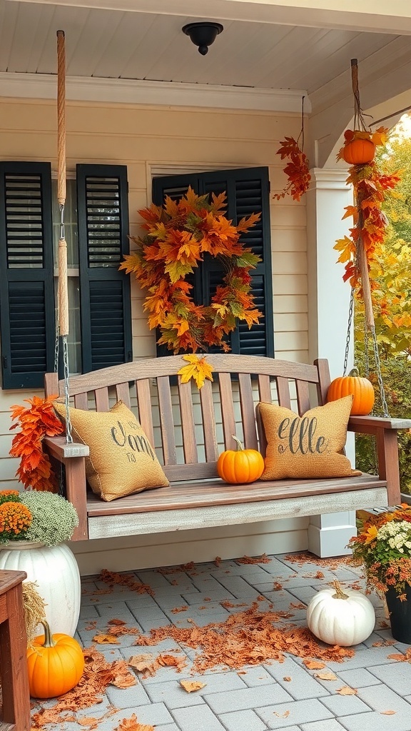 29 Charming Front Porch Swing Ideas for Relaxing Outdoors A cozy front porch swing decorated for autumn with pumpkins, colorful leaves, and pillows.
