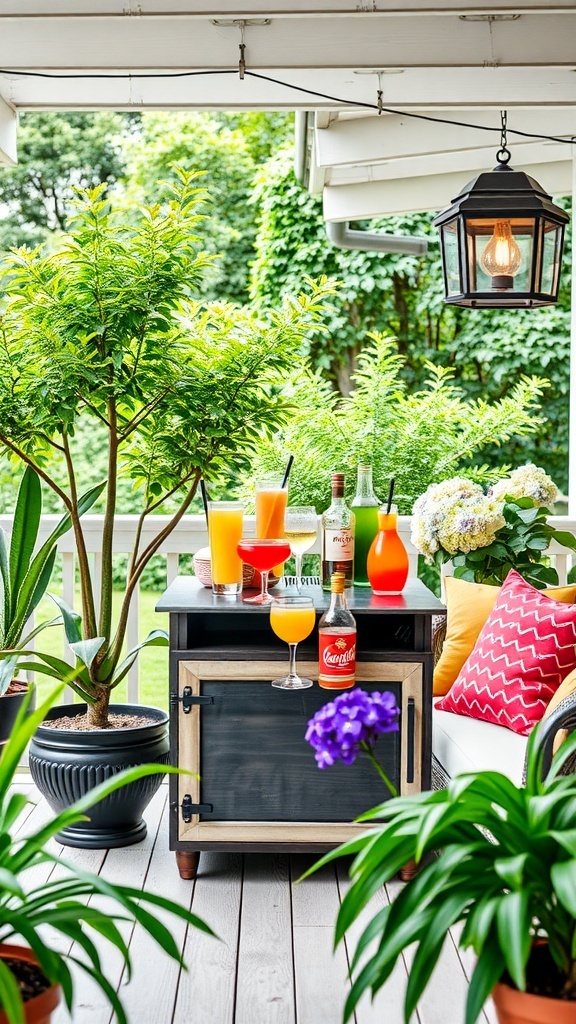A mini bar setup on a porch with colorful drinks, plants, and cozy seating.