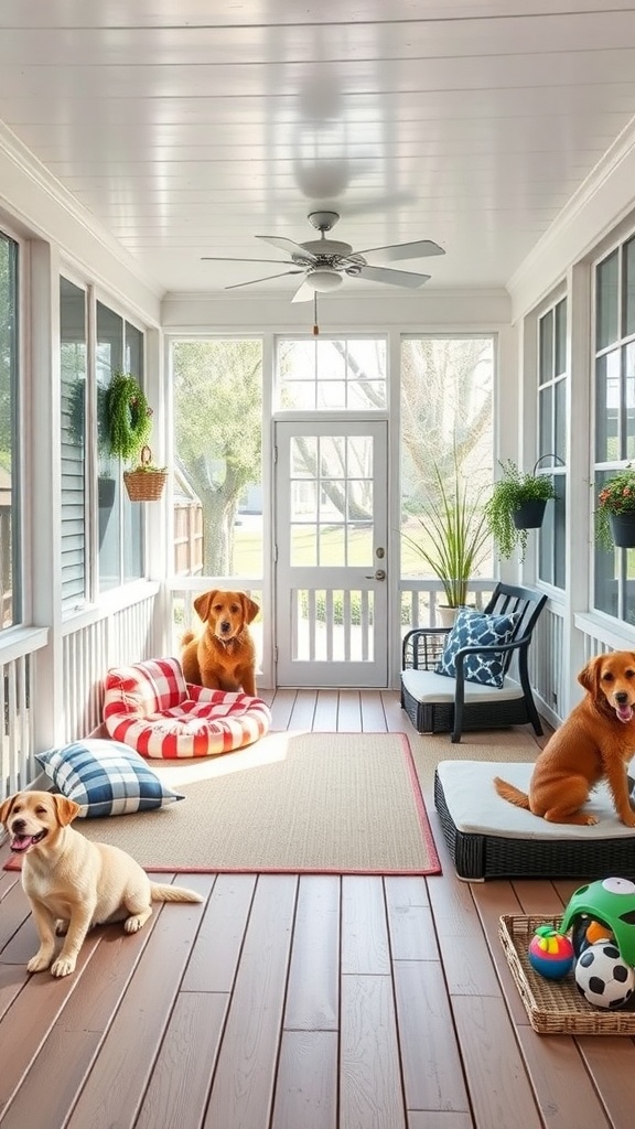 29+ Must-Have Features for Your Screened-In Porch Makeover A pet-friendly screened-in porch with dogs lounging on beds and toys scattered around.