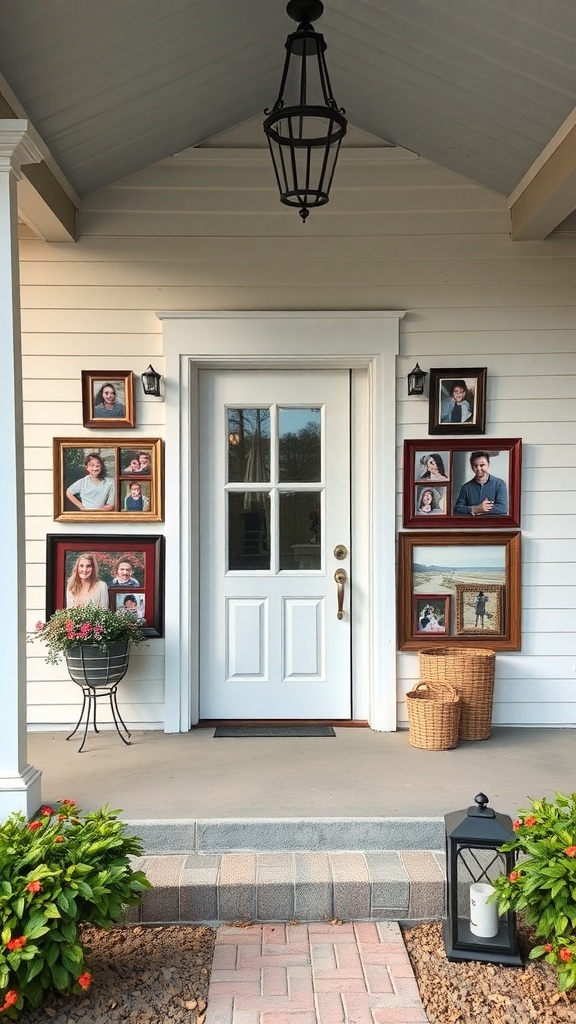 Front porch with family photos displayed in frames on the wall.
