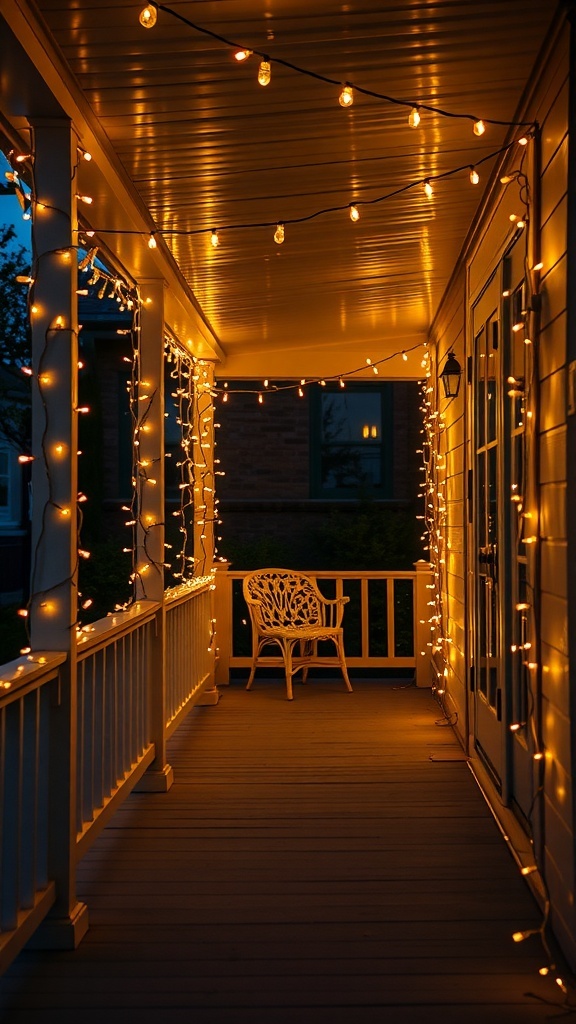 A cozy porch decorated with twinkling string lights, creating a warm and inviting atmosphere.
