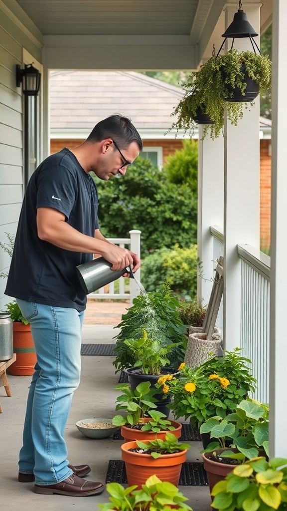 A person watering plants on a porch, showcasing a vibrant porch garden.