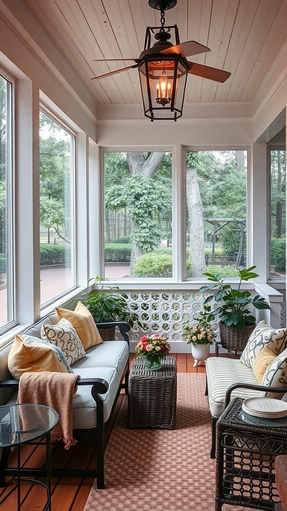 29+ Must-Have Features for Your Screened-In Porch Makeover Cozy screened-in porch with comfortable seating, plants, and warm lighting.
