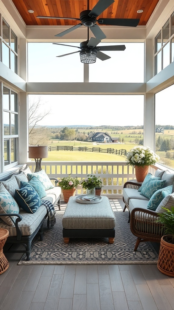 29+ Must-Have Features for Your Screened-In Porch Makeover A stylish screened-in porch with comfortable furniture, plants, and a ceiling fan.
