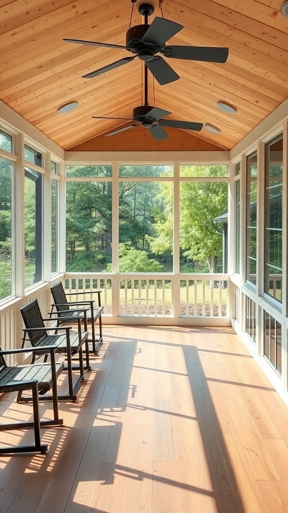 29+ Must-Have Features for Your Screened-In Porch Makeover A bright and airy screened-in porch with wooden ceiling and chairs, surrounded by greenery.