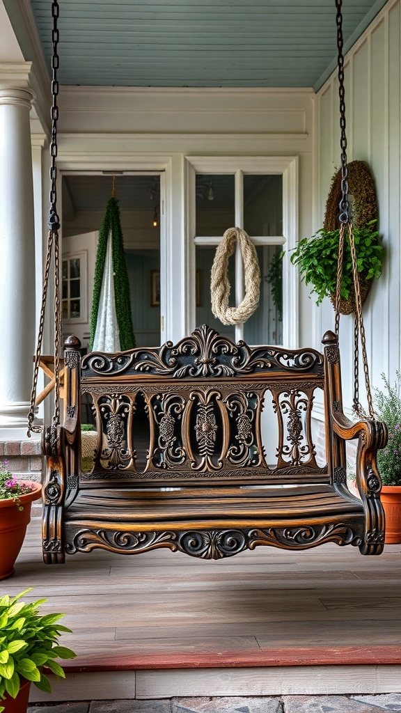 29 Charming Front Porch Swing Ideas for Relaxing Outdoors An ornate antique porch swing with intricate carvings, hanging on a porch surrounded by plants.