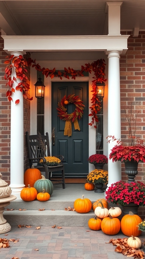 A beautifully decorated porch for fall with pumpkins, flowers, and a wreath.