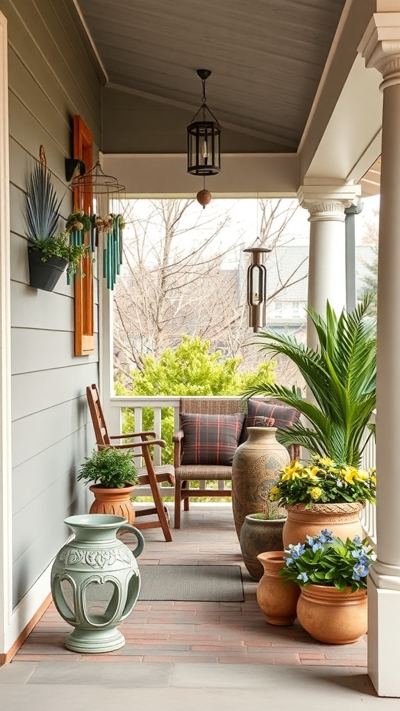 A beautifully decorated front porch with plants, seating, and unique decor items.