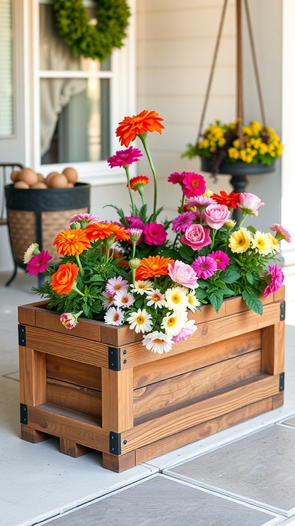 A wooden planter box filled with colorful flowers on a porch.