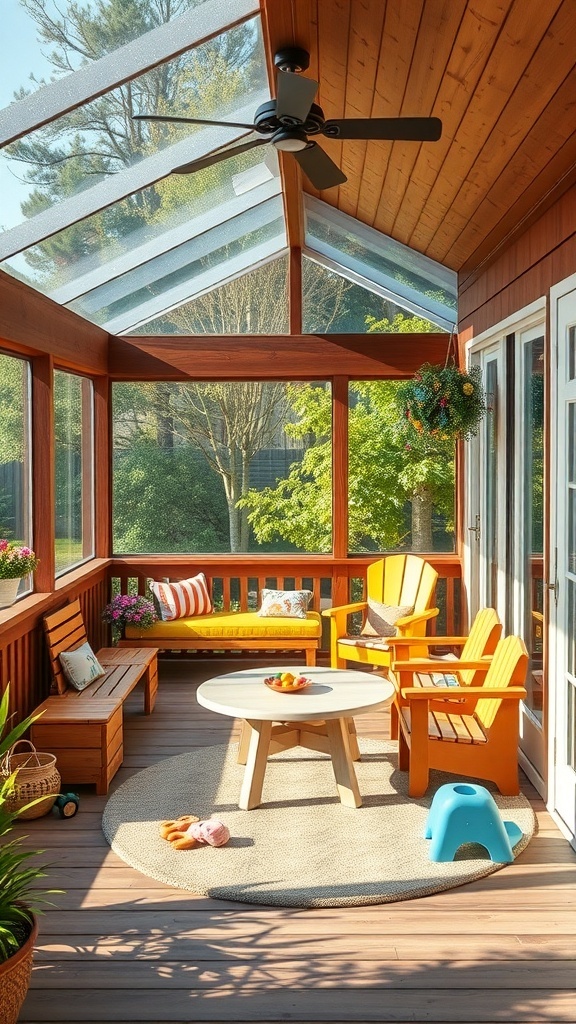 29+ Must-Have Features for Your Screened-In Porch Makeover A bright and inviting screened porch with colorful furniture, a round table, and plants, ideal for children.