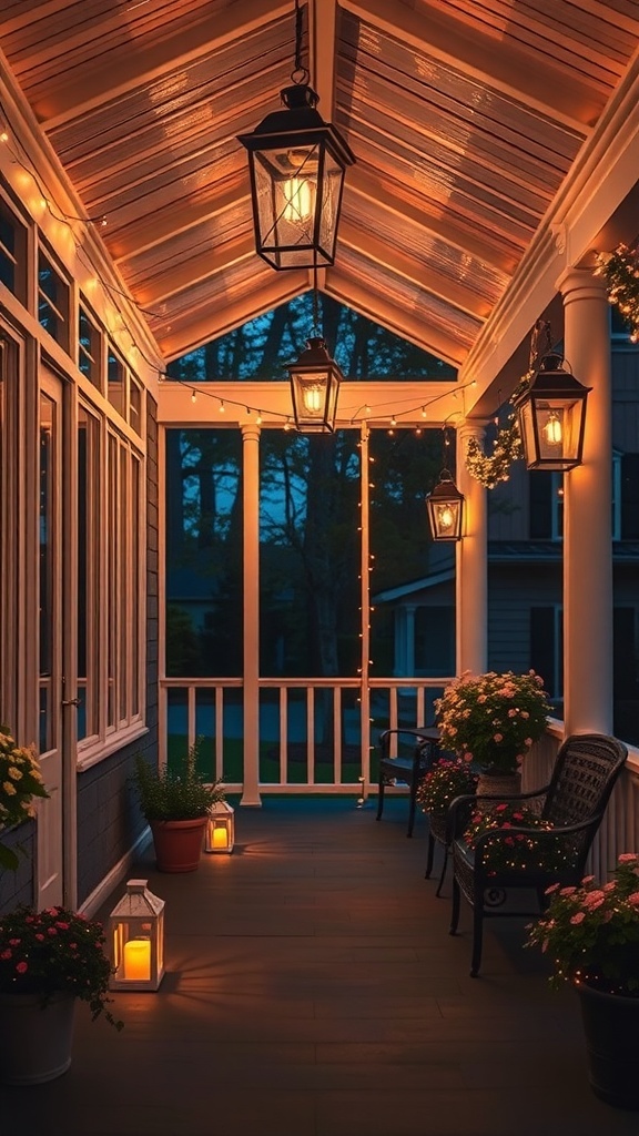 29+ Must-Have Features for Your Screened-In Porch Makeover A screened-in porch with warm lighting from lanterns and string lights, creating a cozy evening atmosphere.