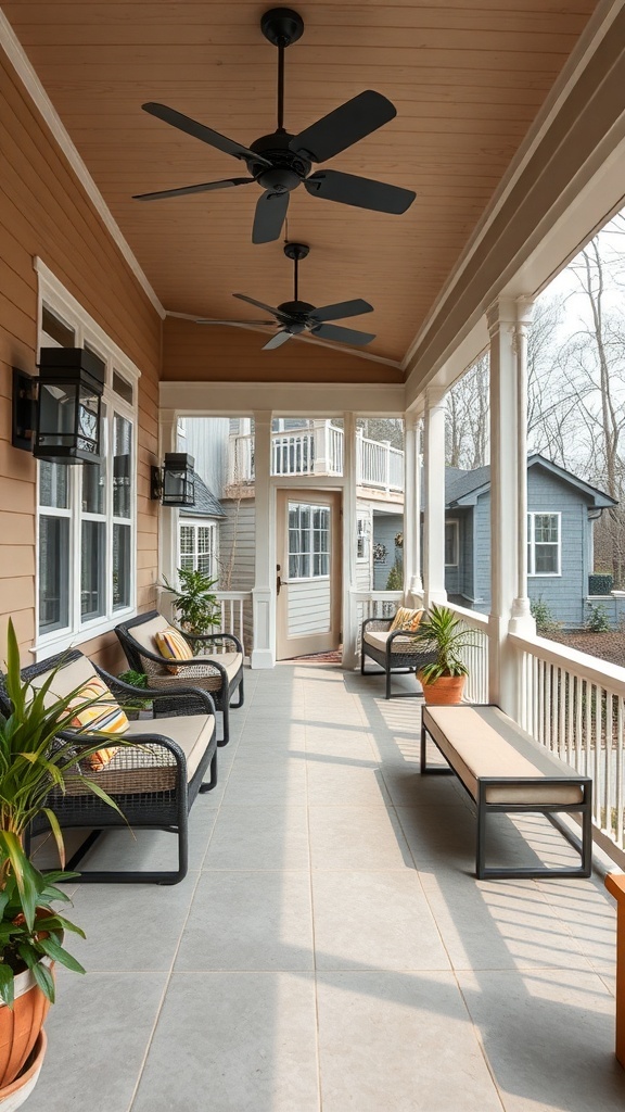 29+ Must-Have Features for Your Screened-In Porch Makeover A modern screened-in porch with ceiling fans, comfortable seating, and plants.