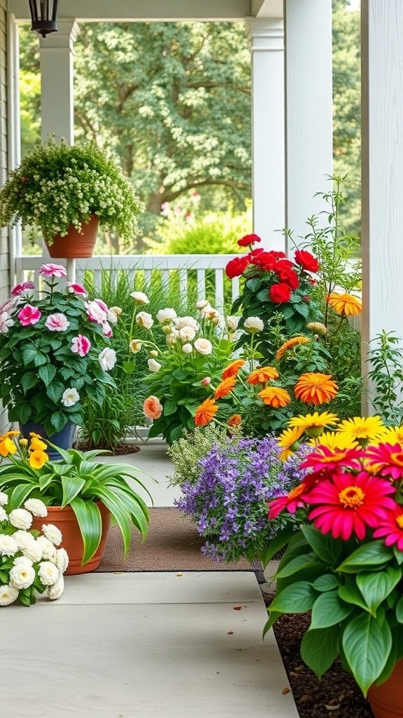 A colorful porch garden with various flowers and plants in pots.