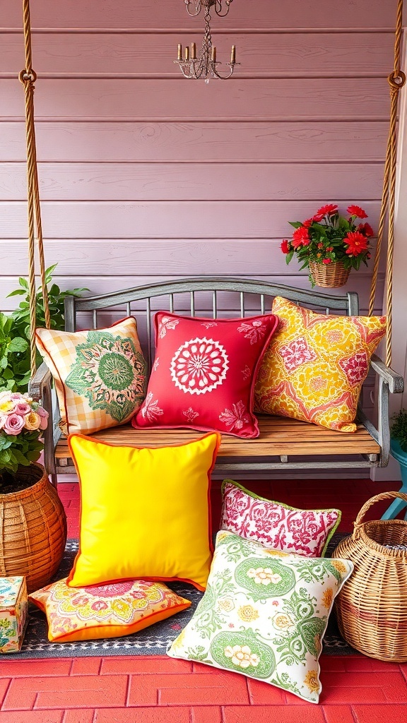 27+ Cozy Porch Swing Ideas to Enhance Your Outdoor Space A colorful porch swing decorated with vibrant pillows and flowers.