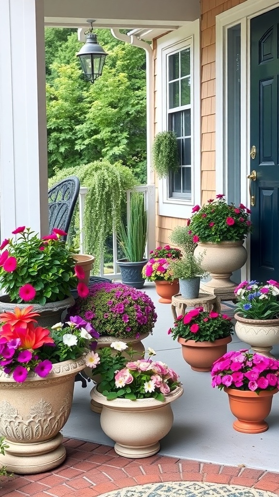 A front porch with various colorful flower planters, creating a vibrant and inviting atmosphere.