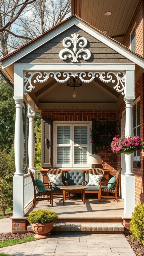 A stylish porch with a decorative canopy, cozy seating, and hanging plants.