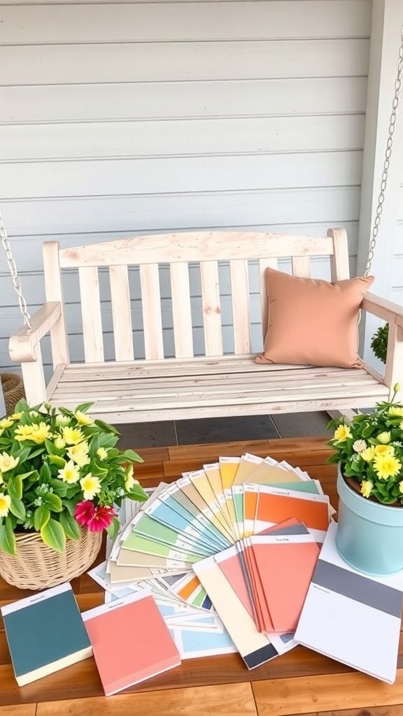 29 Charming Front Porch Swing Ideas for Relaxing Outdoors A wooden porch swing with a pillow, surrounded by colorful flowers and paint swatches.