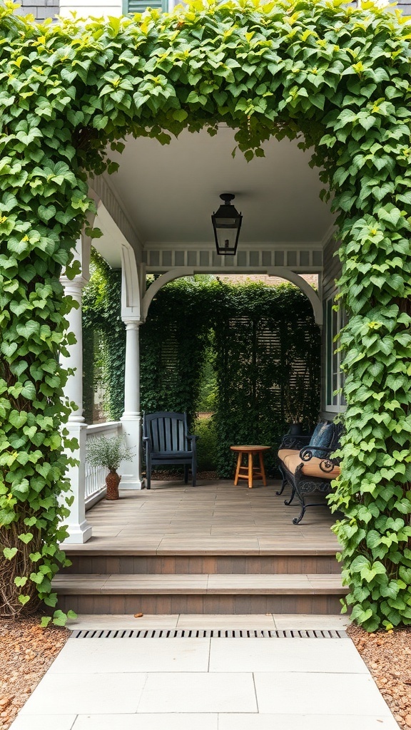 A porch with a trellis covered in green vines, providing privacy and a cozy atmosphere.