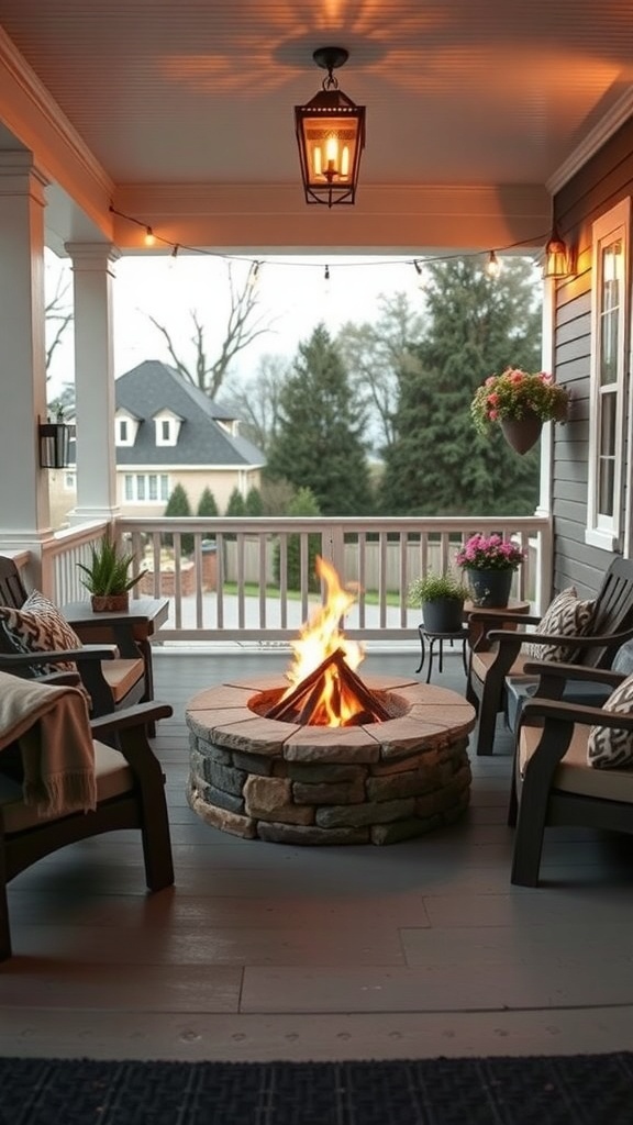 A cozy porch with a stone fire pit, comfortable chairs, and soft lighting.