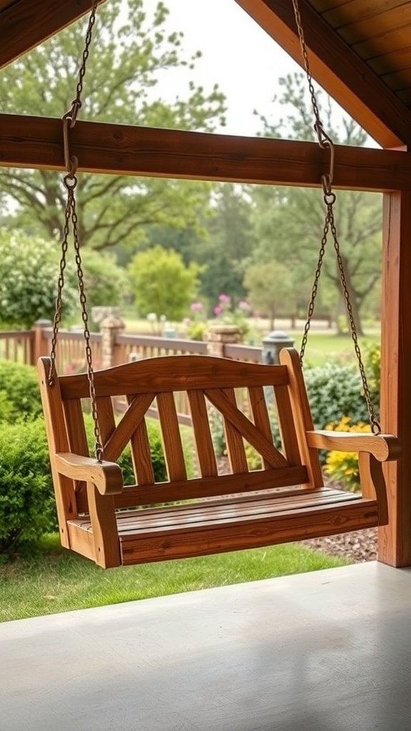 29 Charming Front Porch Swing Ideas for Relaxing Outdoors A rustic wooden swing hanging on a porch, surrounded by greenery and flowers.
