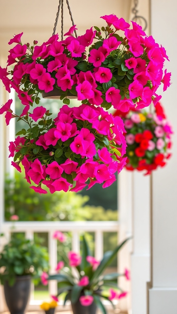 Hanging baskets filled with vibrant pink geraniums on a porch